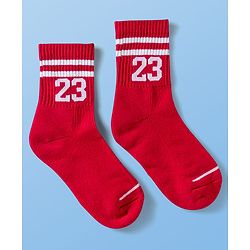 Pine Active Cotton Lycra Terry Knit Breathable Calf Length Athletic Socks with Number Design Pack of 3 - White Red & Black