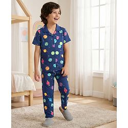 Pine Kids Cotton Knit Half Sleeves Co-ords Night Suit With Space Theme Print - Blue