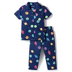 Pine Kids Cotton Knit Half Sleeves Co-ords Night Suit With Space Theme Print - Blue