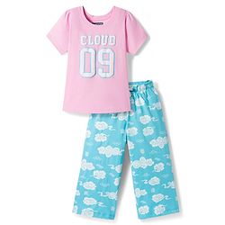 Pine Kids Cotton Knit Half Sleeves Night Suit With Text Print - Pink & Light Blue