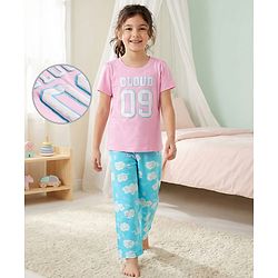 Pine Kids Cotton Knit Half Sleeves Night Suit With Text Print - Pink & Light Blue