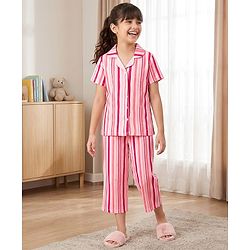 Pine Kids Cotton Knit Half Sleeves Striped Co-Ord Shirt & Capri Night Suit - Pink