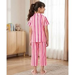 Pine Kids Cotton Knit Half Sleeves Striped Co-Ord Shirt & Capri Night Suit - Pink