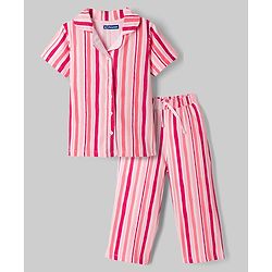 Pine Kids Cotton Knit Half Sleeves Striped Co-Ord Shirt & Capri Night Suit - Pink