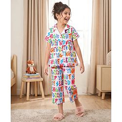 Pine Kids Cotton Knit Half Sleeves Co-Ord Top & Pyjama Capri Set Printed Night-Suit - Multicolor