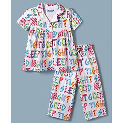 Pine Kids Cotton Knit Half Sleeves Co-Ord Top & Pyjama Capri Set Printed Night-Suit - Multicolor
