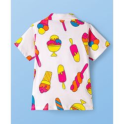 Pine Kids Cotton Knit Half Sleeves Shirt & Capri Co-ord Night Suit With Ice Cream Print - White