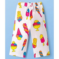 Pine Kids Cotton Knit Half Sleeves Shirt & Capri Co-ord Night Suit With Ice Cream Print - White