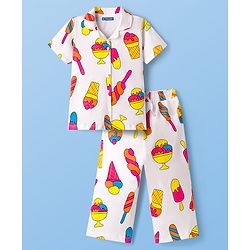 Pine Kids Cotton Knit Half Sleeves Shirt & Capri Co-ord Night Suit With Ice Cream Print - White