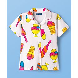 Pine Kids Cotton Knit Half Sleeves Shirt & Capri Co-ord Night Suit With Ice Cream Print - White