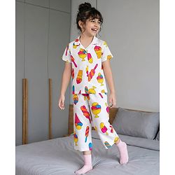 Pine Kids Cotton Knit Half Sleeves Shirt & Capri Co-ord Night Suit With Ice Cream Print - White