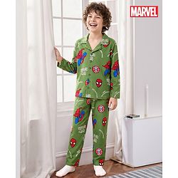 Pine Kids Marvel Single Jersey Knit Full Sleeves Co-ord Night Suit With Spider-Man Print - Green