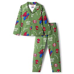 Pine Kids Marvel Single Jersey Knit Full Sleeves Co-ord Night Suit With Spider-Man Print - Green