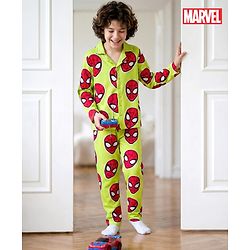 Pine Kids Marvel Single Jersey Knit Full Sleeves Co-ord Night Suit With Spider-Man Print - Lime Green