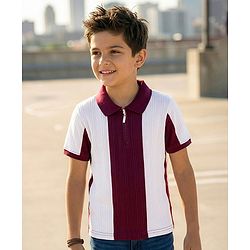 Pine Kids Cotton Knit Half Sleeves Knitted Colour Block Polo T-Shirt - White & Maroon