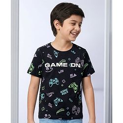 Pine Kids Cotton Knit Half Sleeves T-Shirt With Text Print - Black