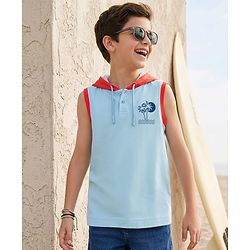 Pine Kids Cotton Knit Sleeveless Hooded T-Shirt With Tree Print - Blue