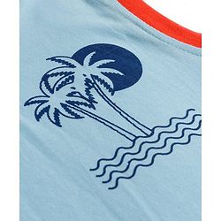 Pine Kids Cotton Knit Sleeveless Hooded T-Shirt With Tree Print - Blue