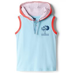 Pine Kids Cotton Knit Sleeveless Hooded T-Shirt With Tree Print - Blue