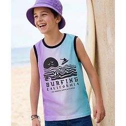 Pine Kids Cotton Knit Sleeveless T-Shirt With Text Print - Light Blue
