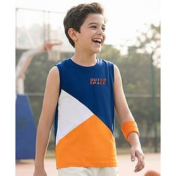 Pine Kids Cotton Knit Sleeveless T-Shirt With Cut & Sew Design - Navy Blue