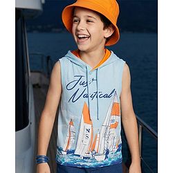Pine Kids Cotton Knit Sleeveless Hooded T-Shirt With Text Print - Light Blue