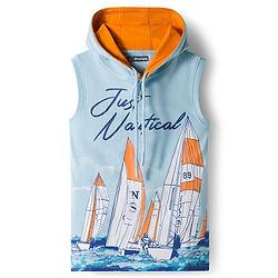 Pine Kids Cotton Knit Sleeveless Hooded T-Shirt With Text Print - Light Blue
