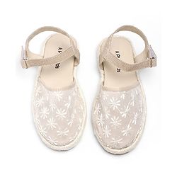 Pine Kids Velcro Closure Floral Embroidered Mojaris - Beige