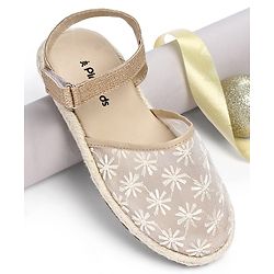 Pine Kids Velcro Closure Floral Embroidered Mojaris - Beige