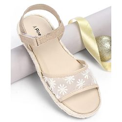 Pine Kids Velcro Closure Floral Embroidered Mojaris - Beige