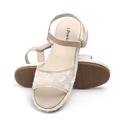 Pine Kids Velcro Closure Floral Embroidered Mojaris - Beige