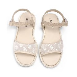 Pine Kids Velcro Closure Floral Embroidered Mojaris - Beige