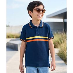 Pine Kids Cotton Knit Half Sleeves Striped Polo T-Shirt - Navy Blue