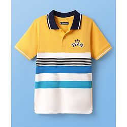 Pine Kids Cotton Knit Half Sleeves Polo T- Shirt With Cut & Sew Design & Embroidery - Yellow & White