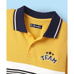 Pine Kids Cotton Knit Half Sleeves Polo T- Shirt With Cut & Sew Design & Embroidery - Yellow & White