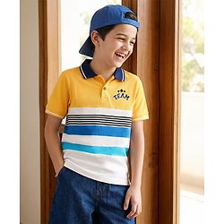 Pine Kids Cotton Knit Half Sleeves Polo T- Shirt With Cut & Sew Design & Embroidery - Yellow & White