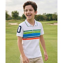 Pine Kids Cotton Knit Half Sleeves Striped Polo T-Shirt with Numerical Print - White