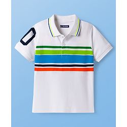 Pine Kids Cotton Knit Half Sleeves Striped Polo T-Shirt with Numerical Print - White