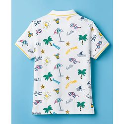 Pine Kids Cotton Knit Half Sleeves Beach Theme Printed Polo T-Shirt - White