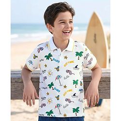 Pine Kids Cotton Knit Half Sleeves Beach Theme Printed Polo T-Shirt - White