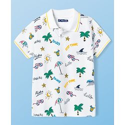 Pine Kids Cotton Knit Half Sleeves Beach Theme Printed Polo T-Shirt - White