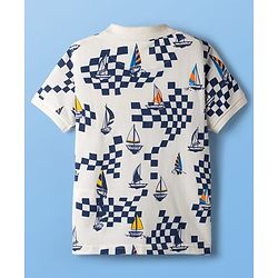 Pine Kids Cotton Knit Half Sleeves Polo T-Shirt With Boat Print - White