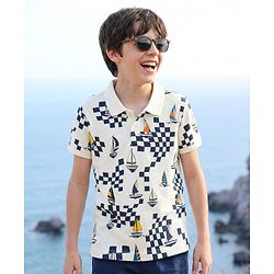 Pine Kids Cotton Knit Half Sleeves Polo T-Shirt With Boat Print - White