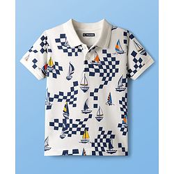 Pine Kids Cotton Knit Half Sleeves Polo T-Shirt With Boat Print - White