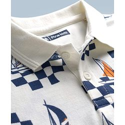 Pine Kids Cotton Knit Half Sleeves Polo T-Shirt With Boat Print - White