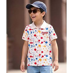 Pine Kids Cotton Knit Half Sleeves Polo T-Shirt With Holi Print - White