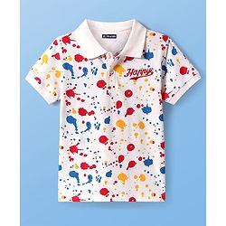 Pine Kids Cotton Knit Half Sleeves Polo T-Shirt With Holi Print - White