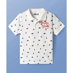 Pine Kids Cotton Knit Half Sleeves Nautical Theme Printed Polo T-Shirt with Text Embroidery Detailing - White