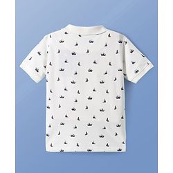 Pine Kids Cotton Knit Half Sleeves Nautical Theme Printed Polo T-Shirt with Text Embroidery Detailing - White