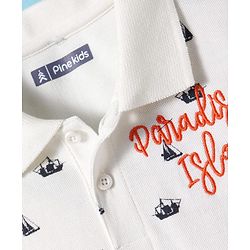 Pine Kids Cotton Knit Half Sleeves Nautical Theme Printed Polo T-Shirt with Text Embroidery Detailing - White